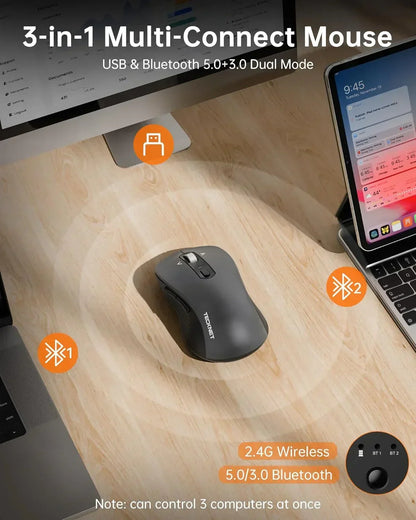 3-in-1 multi-connect wireless mouse on desk, compatible with USB and Bluetooth for multiple devices