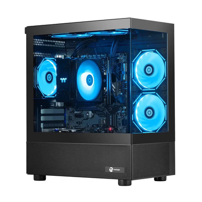 Gaming PC with RGB lighting, transparent side panel, and blue LED cooling fans