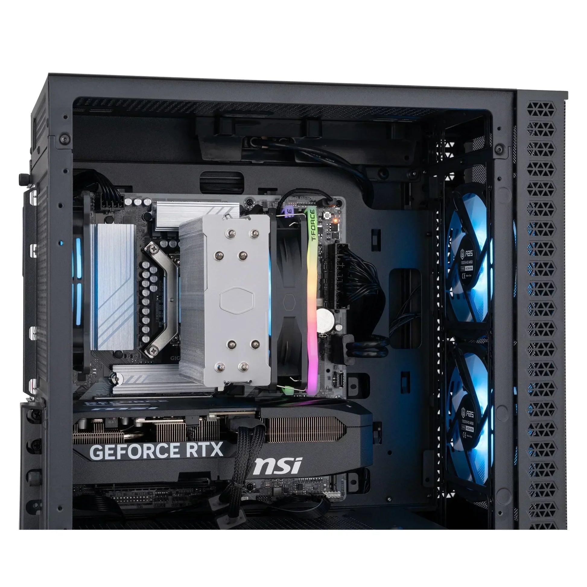 Gaming PC with RGB fans, GeForce RTX graphics card, and custom cooling system