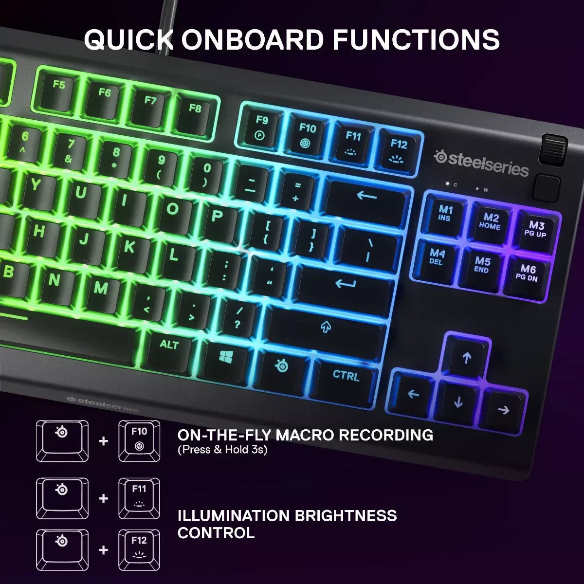 SteelSeries gaming keyboard with customizable rgb lighting and quick onboard macro functions keys