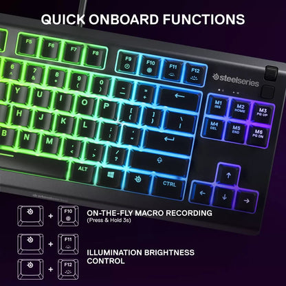 SteelSeries gaming keyboard with customizable rgb lighting and quick onboard macro functions keys