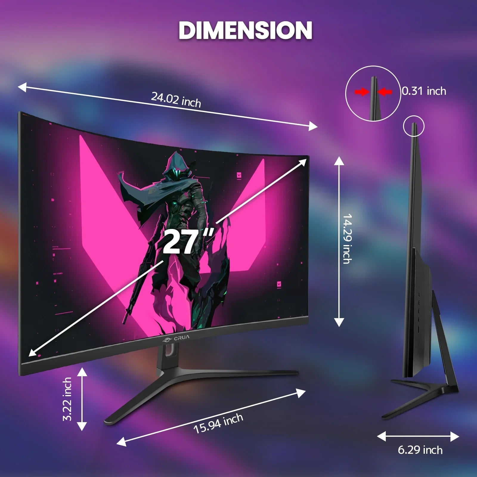 27-inch curved gaming monitor with dimensions 24.02x14.29x6.29 inch and 0.31 inch thickness