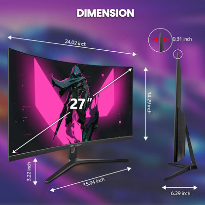 27-inch curved gaming monitor with dimensions 24.02x14.29x6.29 inch and 0.31 inch thickness