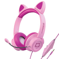 Pink gaming headset with cat ear design, adjustable mic, and volume control on cable