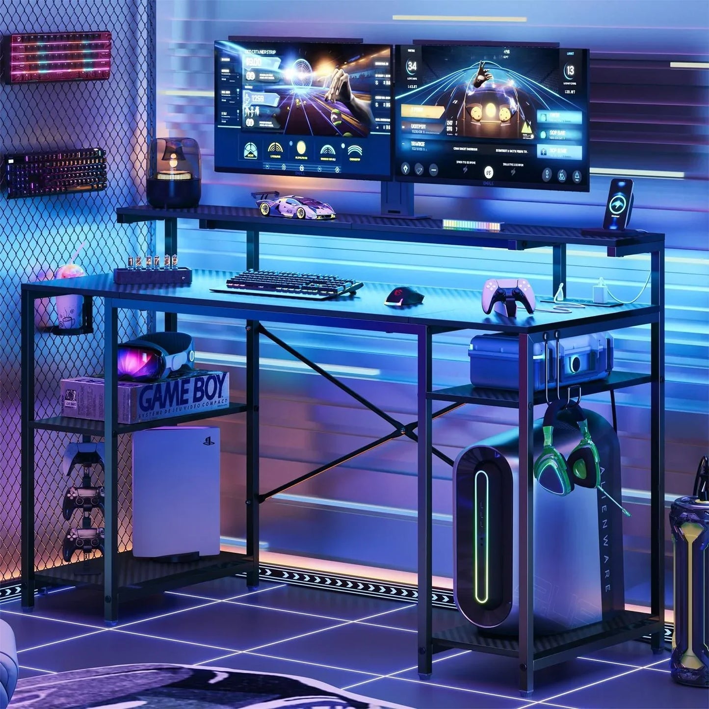 55" Pink Gaming Computer Desk with LED Light & Monitor Stand Corner Desk for Home Office, Pink Carbon Fiber