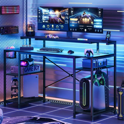 55" Pink Gaming Computer Desk with LED Light & Monitor Stand Corner Desk for Home Office, Pink Carbon Fiber