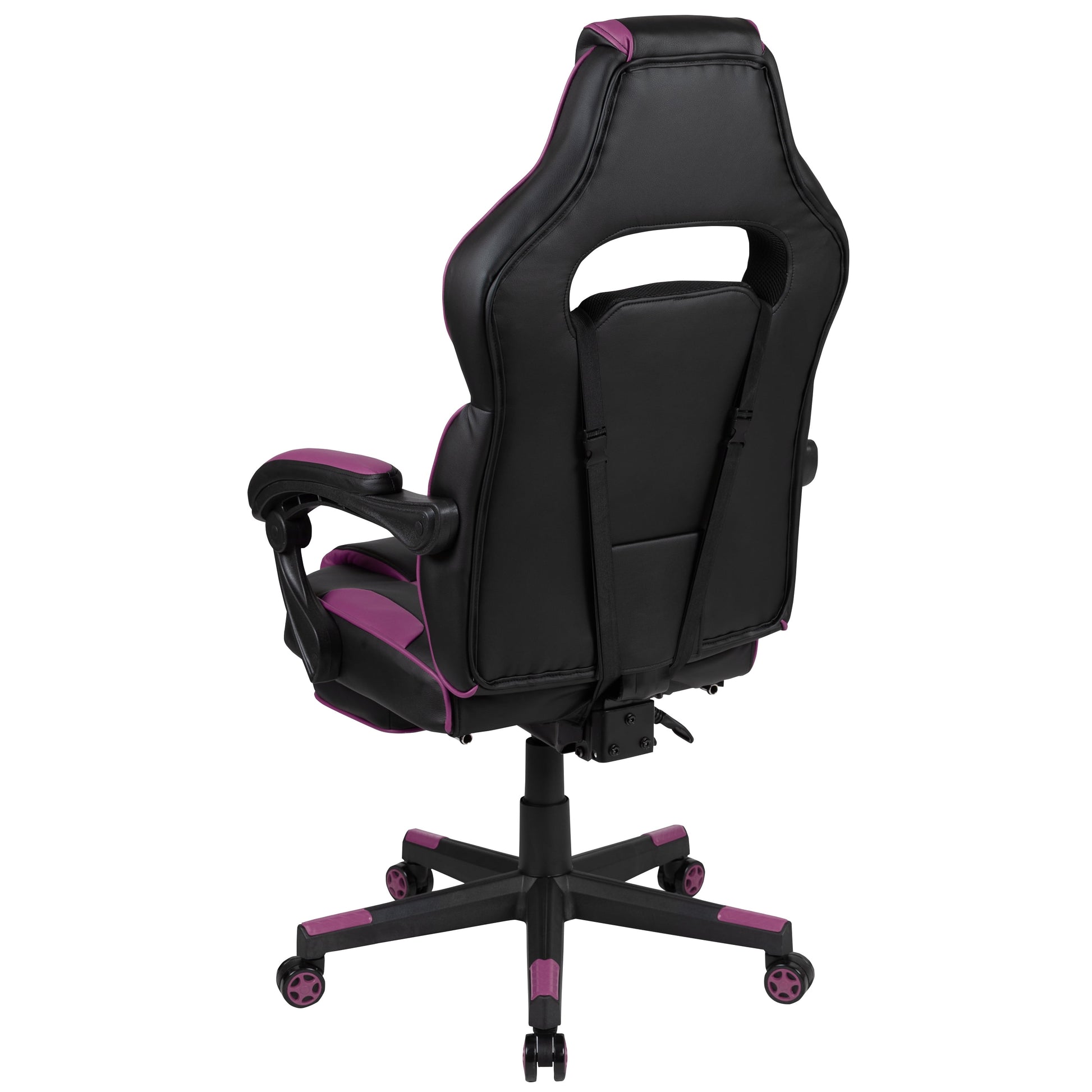 Black and purple gaming chair with ergonomic design and adjustable armrests