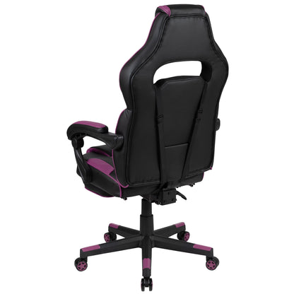 Black and purple gaming chair with ergonomic design and adjustable armrests