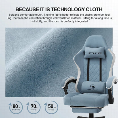 Light blue GTPLAYER ergonomic gaming chair with breathable technology fabric and padded armrests