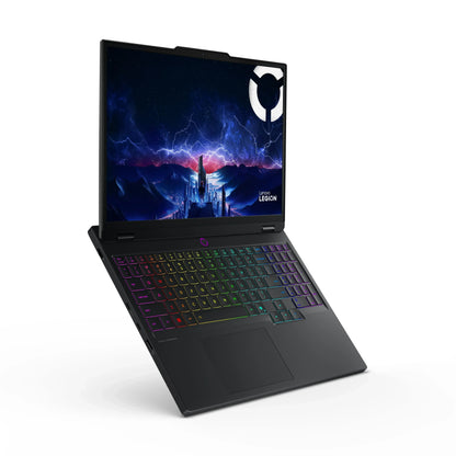 Gaming laptop with RGB backlit keyboard and fantasy landscape on screen
