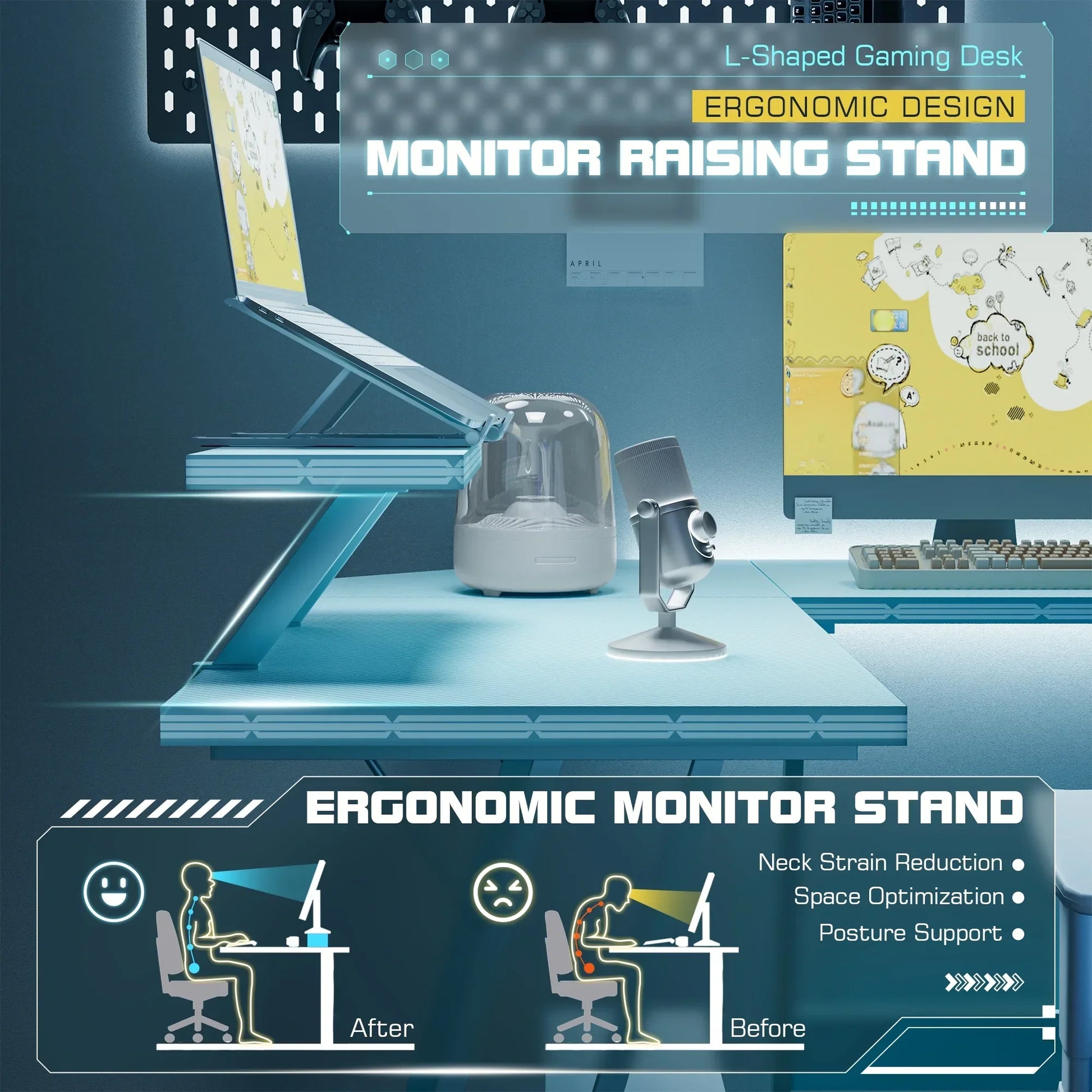 Ergonomic L-shaped gaming desk with monitor raising stand, laptop stand, and microphone on blue surface