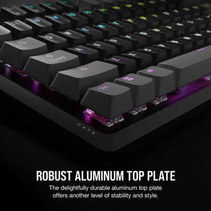 Close-up of RGB gaming keyboard with robust aluminum top plate, perfect for modern gaming setups.