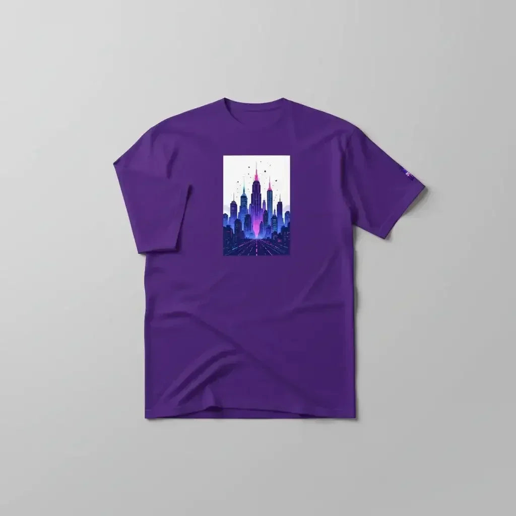 Purple T-shirt with a futuristic cityscape graphic in blue and pink shades on the front