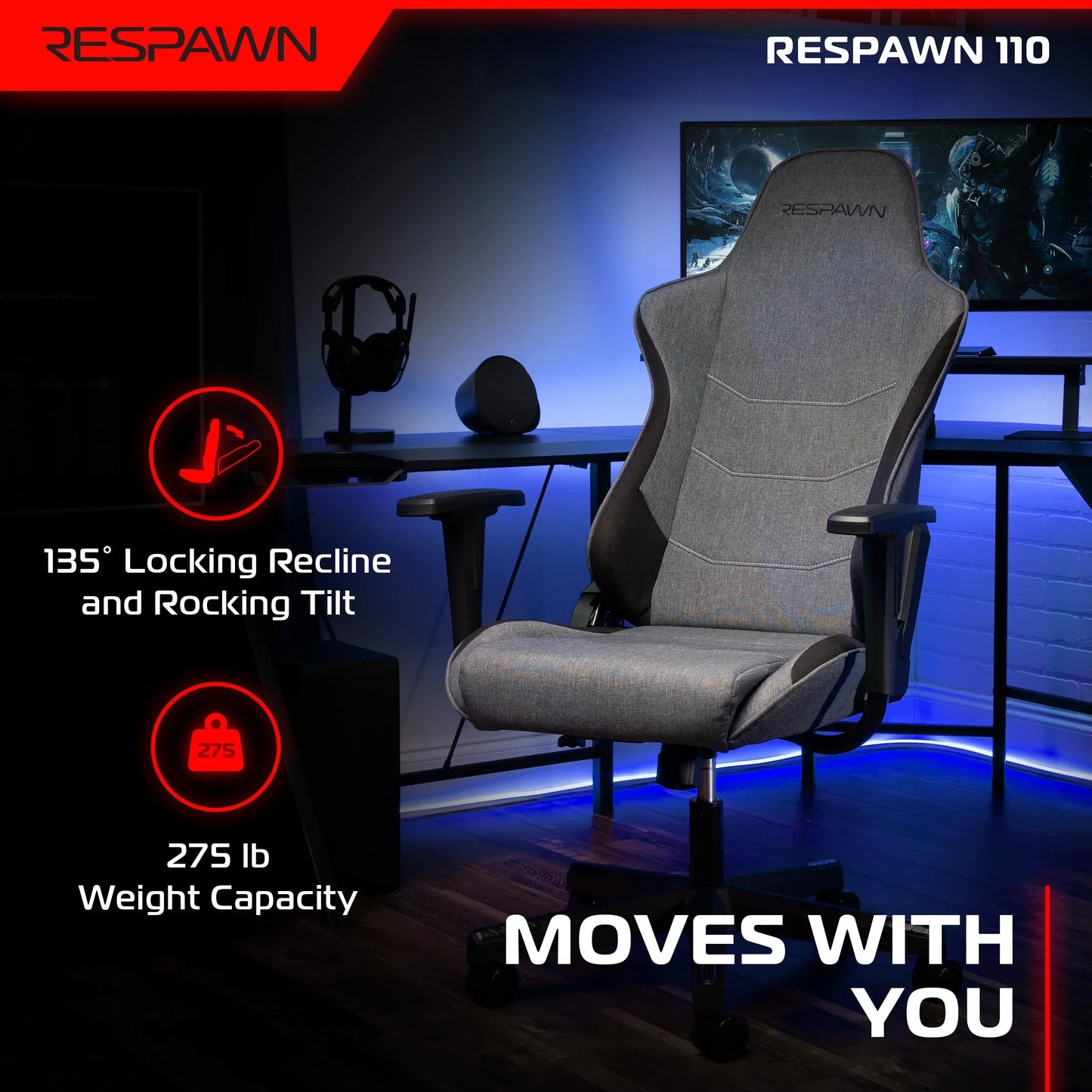 Grey Respawn 110 gaming chair with adjustable armrests in blue-lit gaming setup, supporting 135° recline and 275 lb capacity