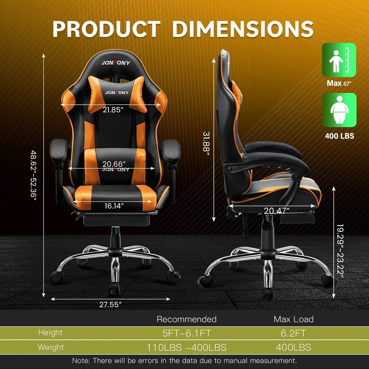 JonPony gaming chair in black and orange with detailed product dimensions and weight capacity 400 lbs