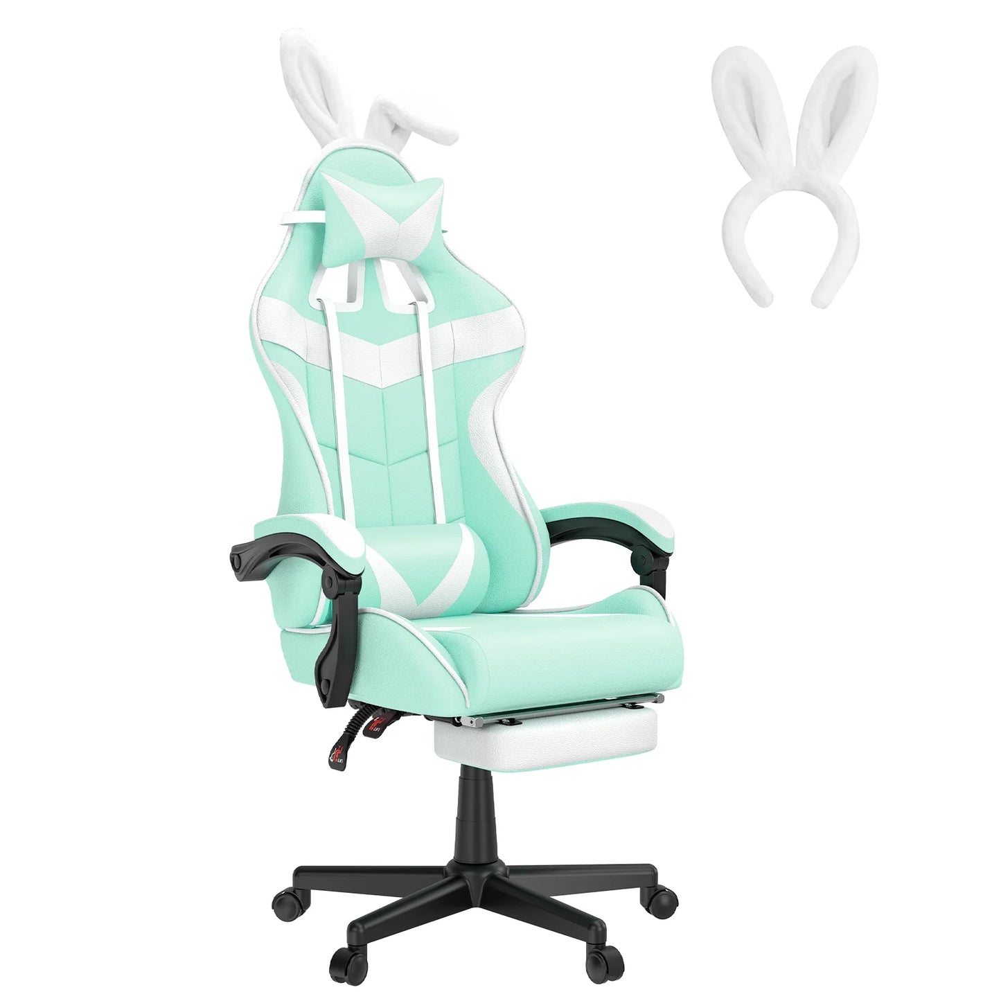Mint green gaming chair with white accents, bunny ears headrest, and matching headband accessory