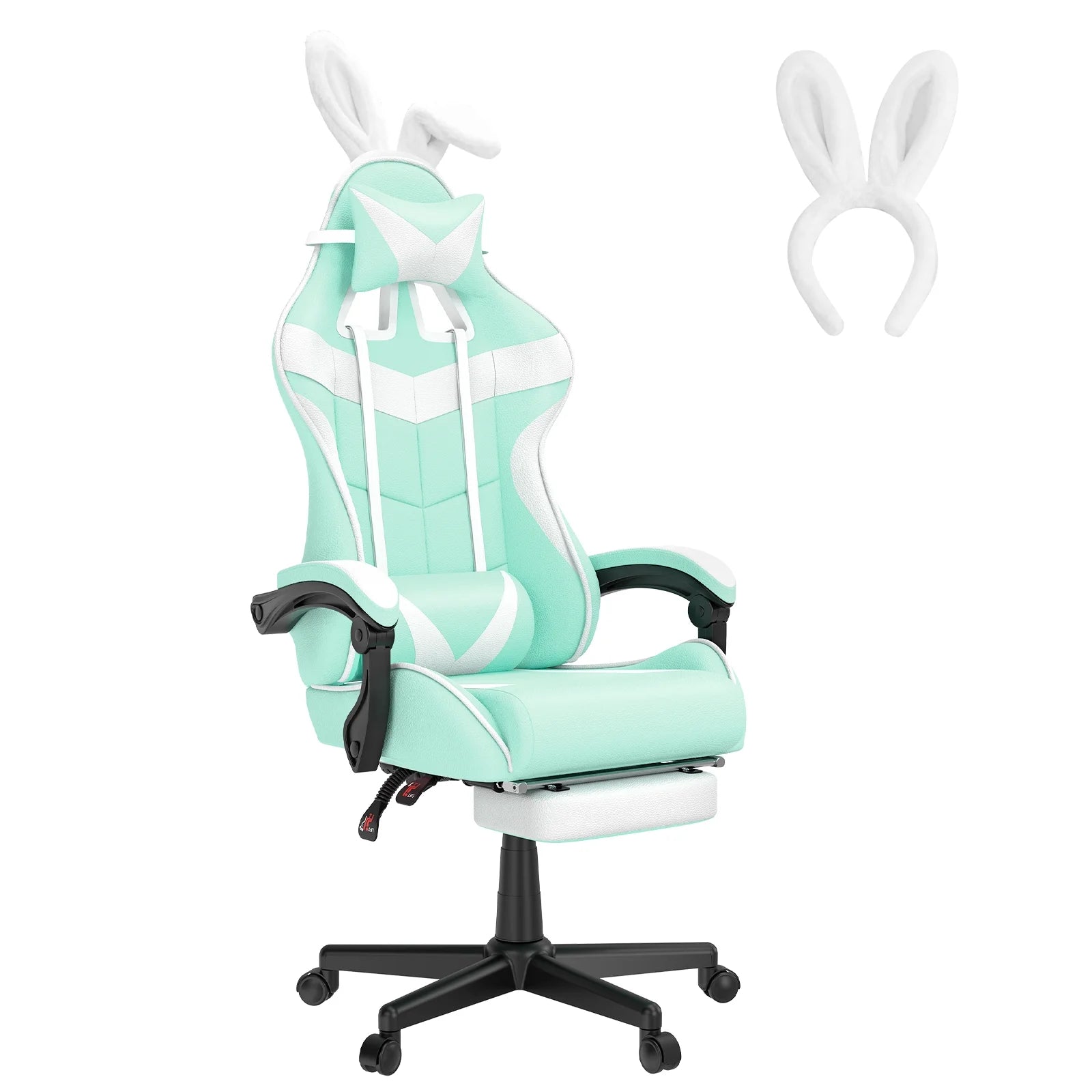 Mint green gaming chair with white accents, bunny ears headrest, and matching headband accessory