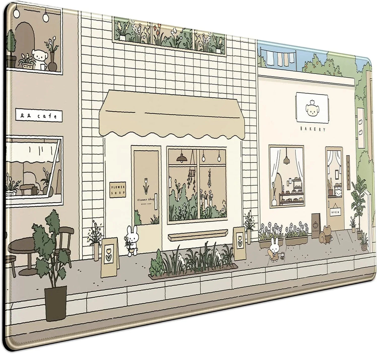 Illustration of a cozy street with a flower shop, café, and bakery featuring cute animal characters and plants