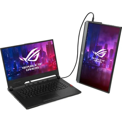 ASUS Republic of Gamers laptop with dual screens connected by a cable, displaying cityscape wallpaper