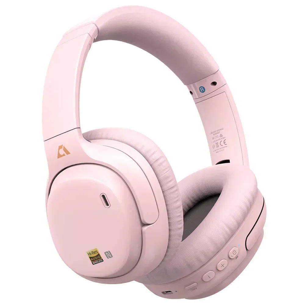 Pink over-ear wireless gaming headphones with cushioned ear pads and built-in controls