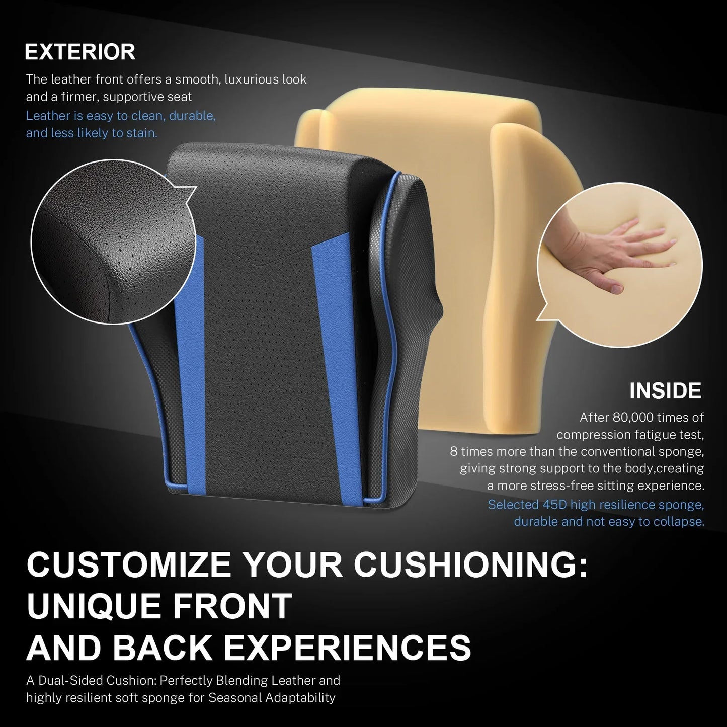 Dual-sided gaming chair cushion with black leather front and blue accents, soft resilient sponge back for comfort