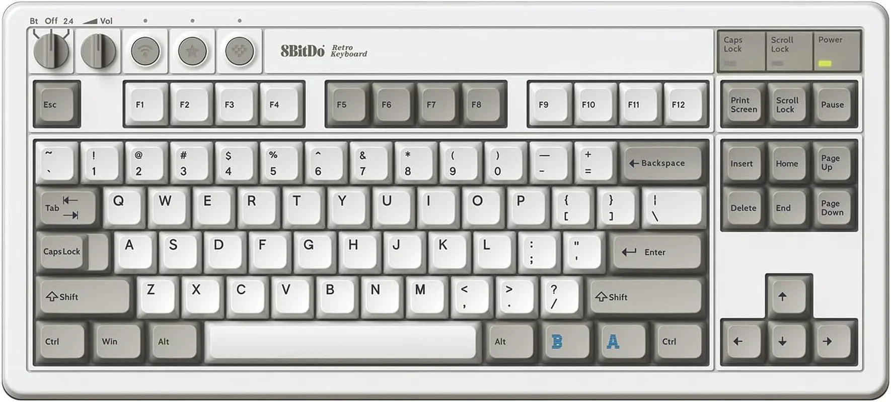 Retro gaming mechanical keyboard with gray and white keycaps and classic design