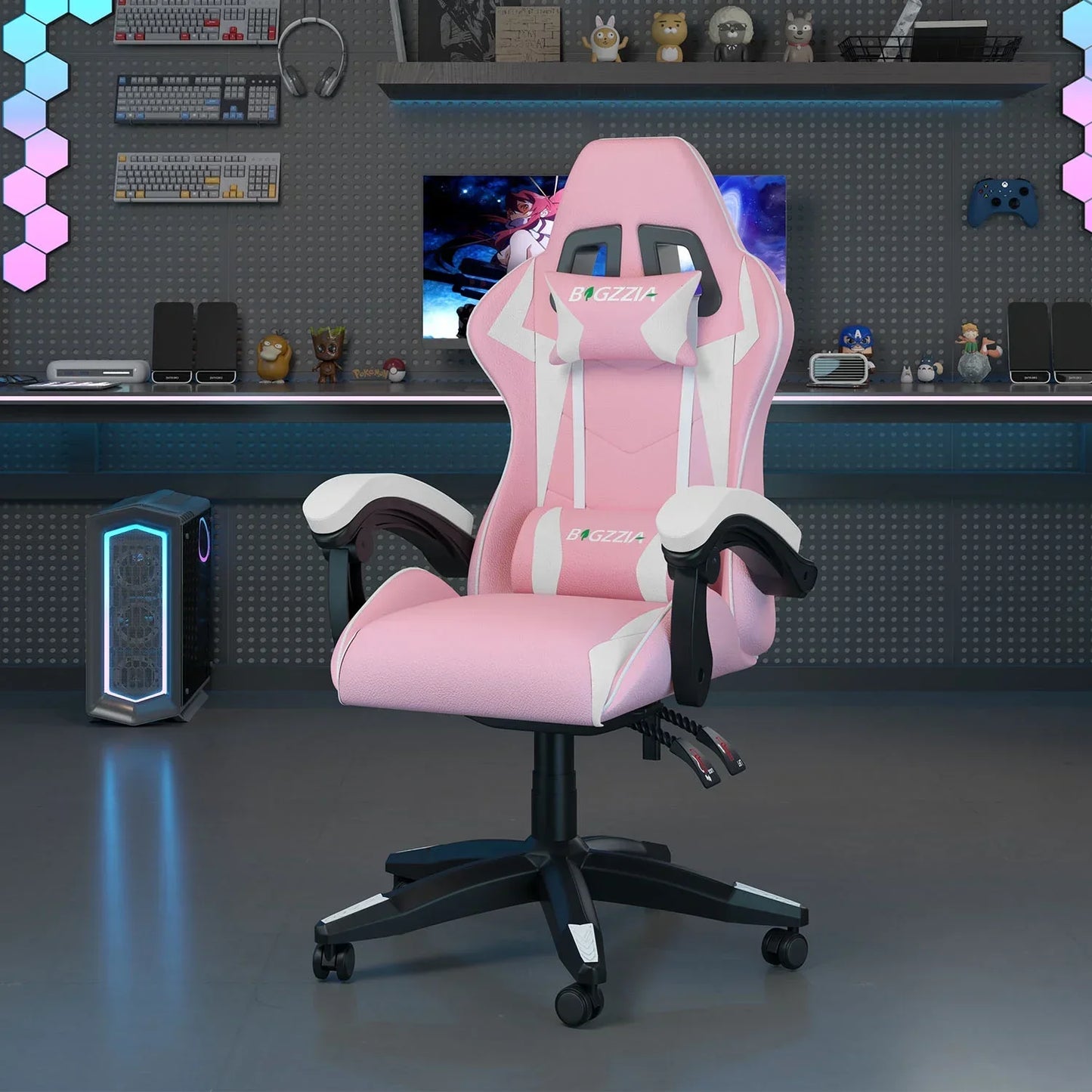 Pink and white gaming chair with ergonomic design, perfect for gamers and streamers in a modern setup