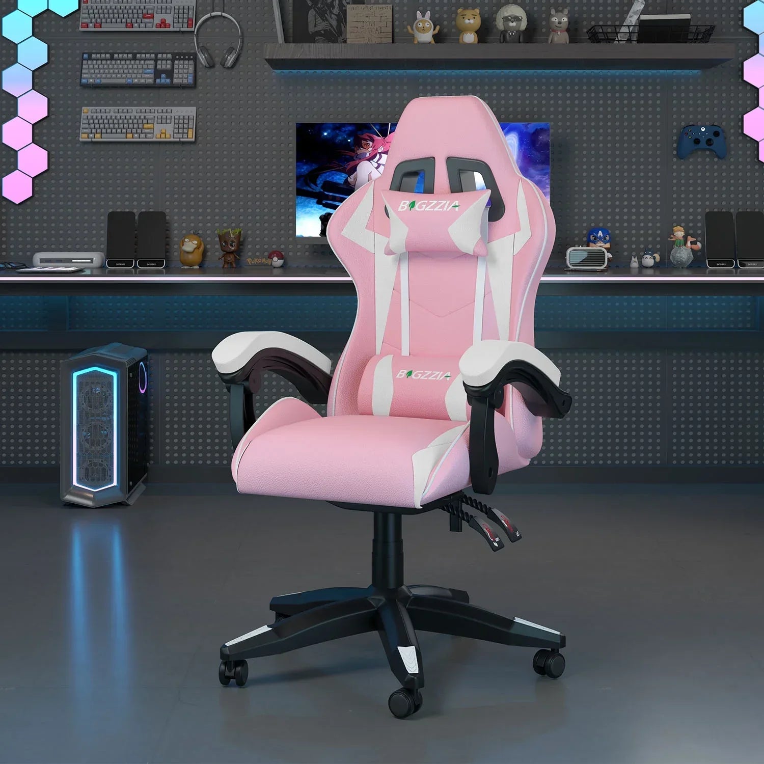 Pink and white gaming chair with ergonomic design, perfect for gamers and streamers in a modern setup