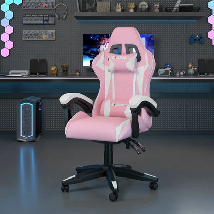 Pink and white gaming chair with ergonomic design, perfect for gamers and streamers in a modern setup