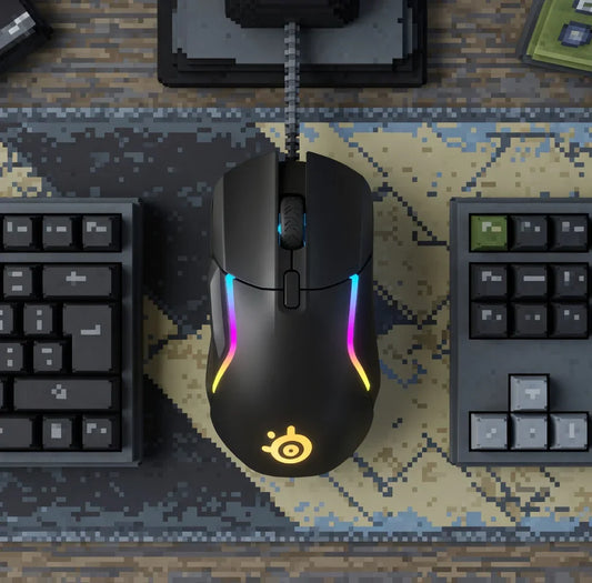 RGB gaming mouse with illuminated logo on a pixel art desk mat, flanked by retro-style keyboards.