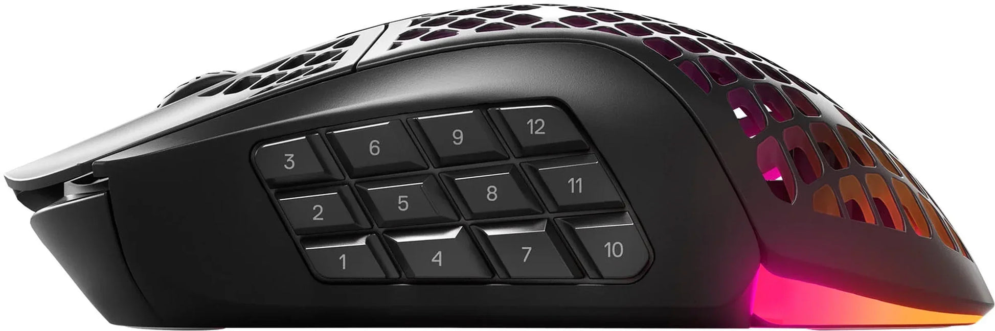 Black gaming mouse with honeycomb shell design, 12 side buttons, and RGB lighting