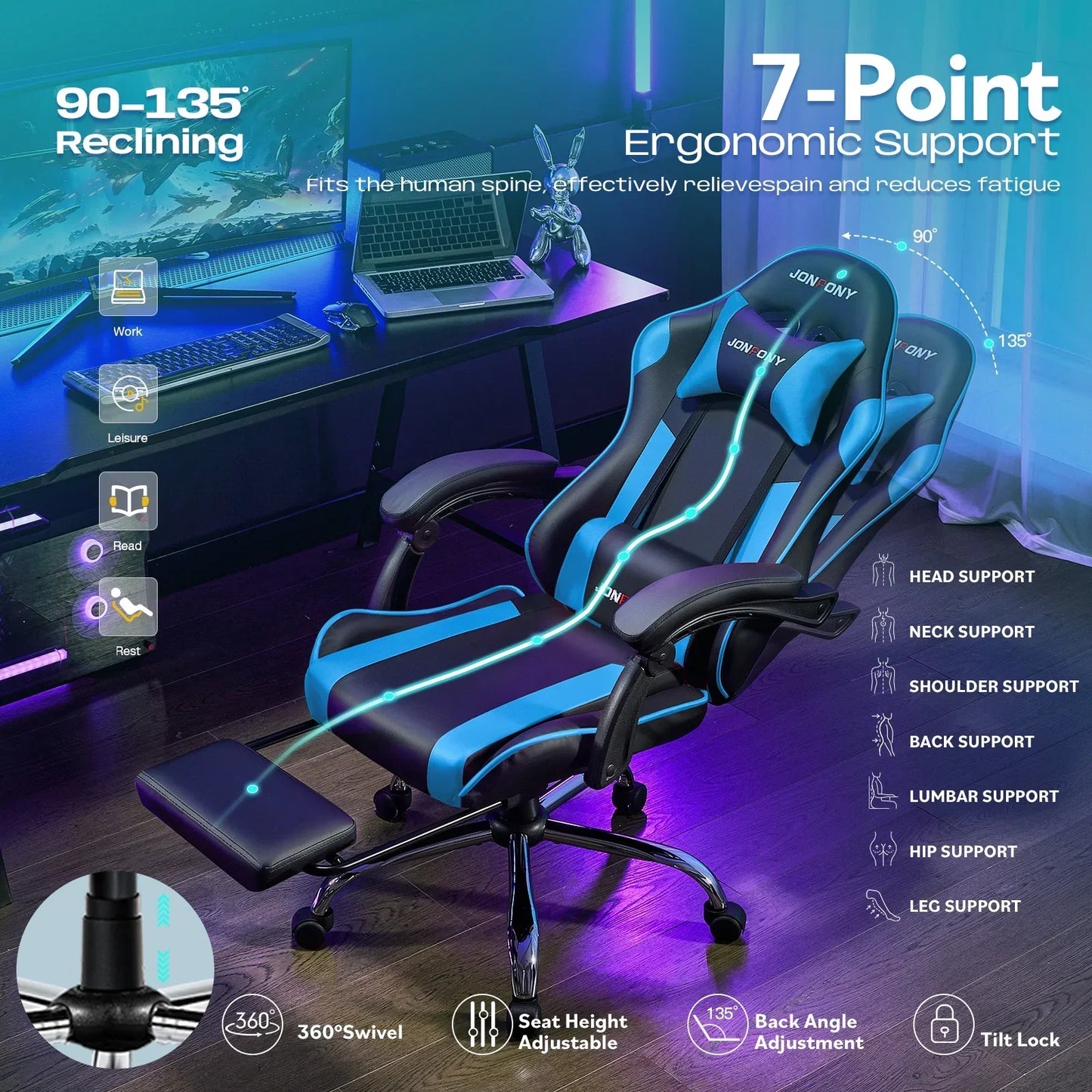 Blue and black ergonomic gaming chair with 90-135° reclining, adjustable footrest, lumbar and head support