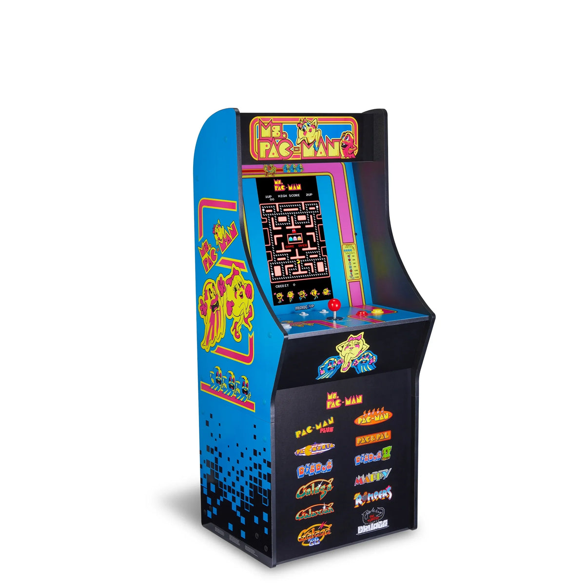 Retro Ms. Pac-Man arcade machine with 8-bit graphics and colorful gaming cabinet design.