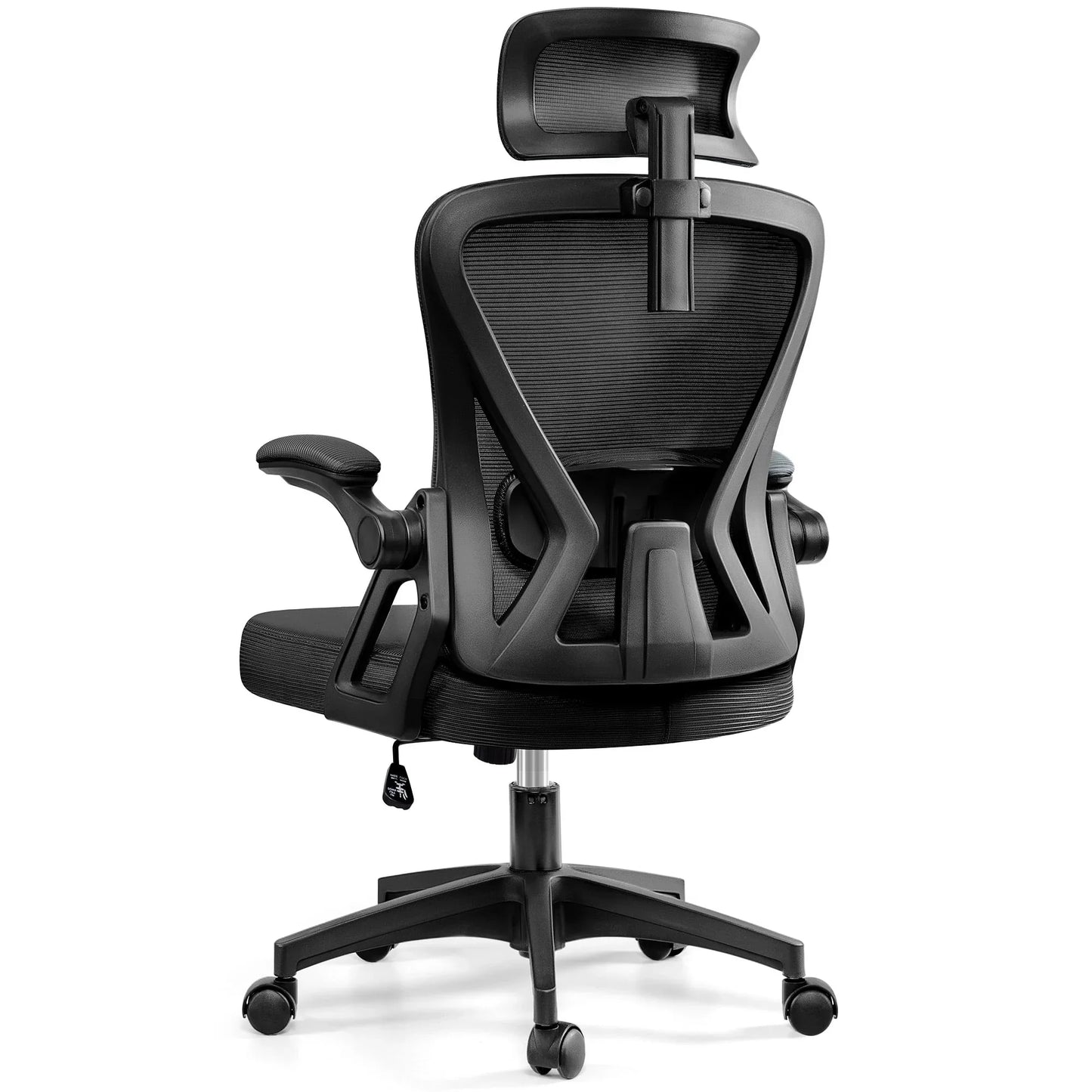 Black ergonomic gaming chair with mesh back, adjustable headrest, and lumbar support for desk setup