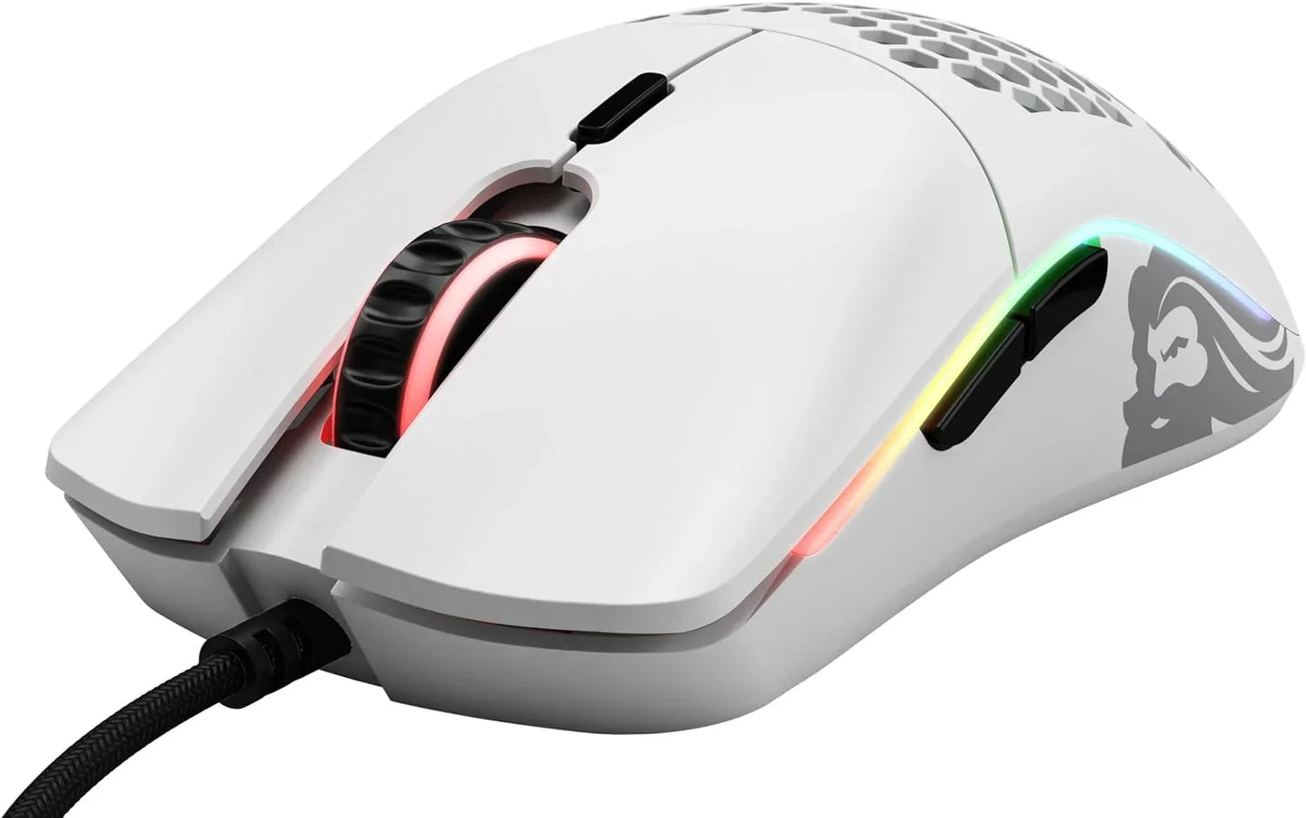 White wired gaming mouse with RGB lighting, honeycomb design, side buttons, and logo on right side