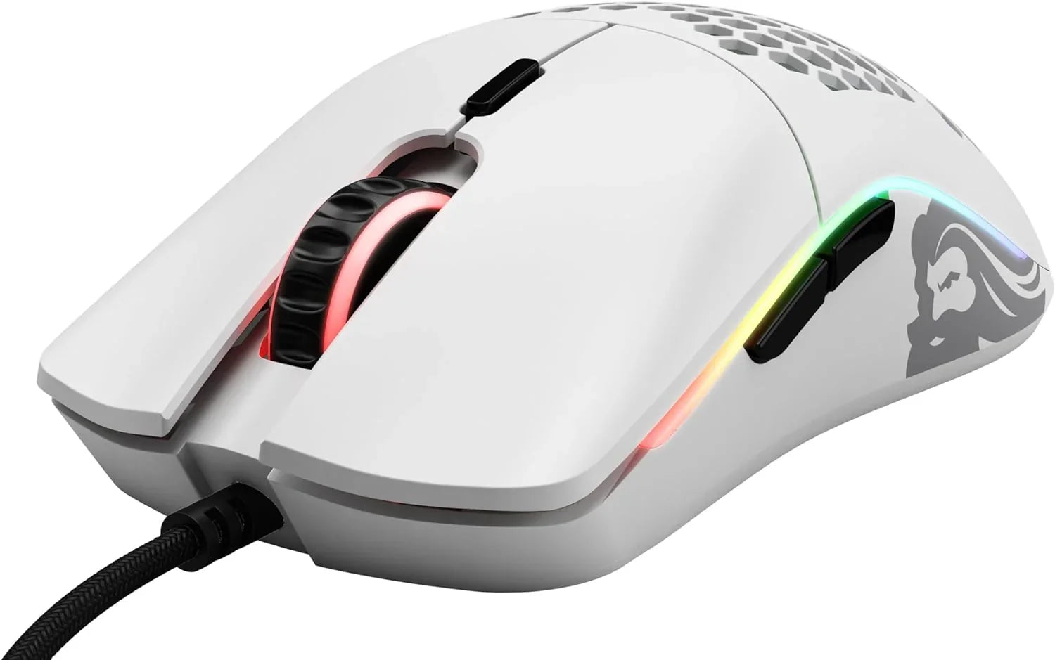 White wired gaming mouse with RGB lighting, honeycomb design, side buttons, and logo on right side