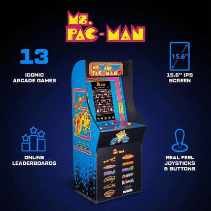 Ms. Pac-Man arcade cabinet with 15.6-inch screen, classic joysticks, 13 retro games, Byte Style