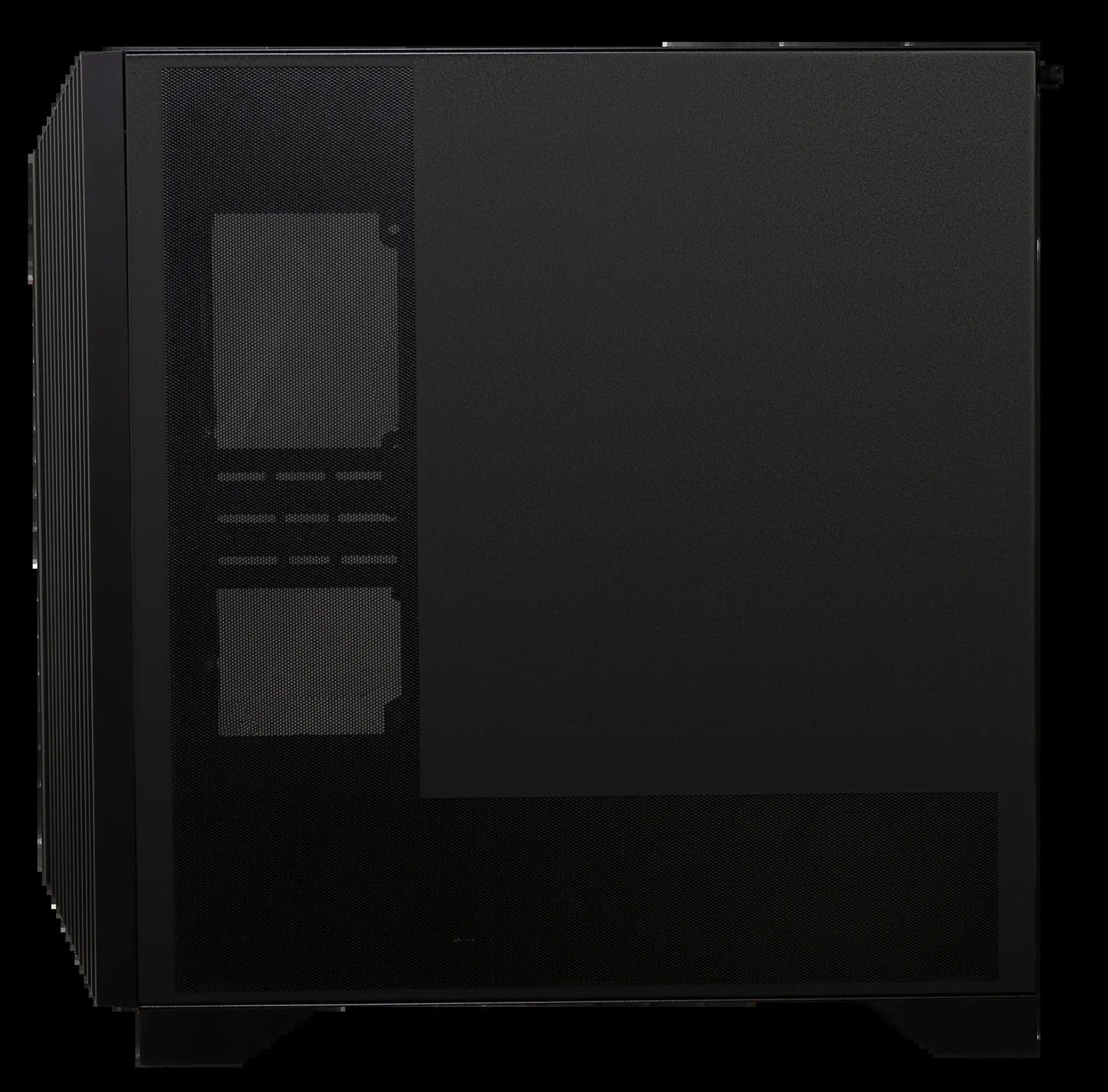 Black high airflow PC case side panel with ventilation mesh and expansion slot cutouts