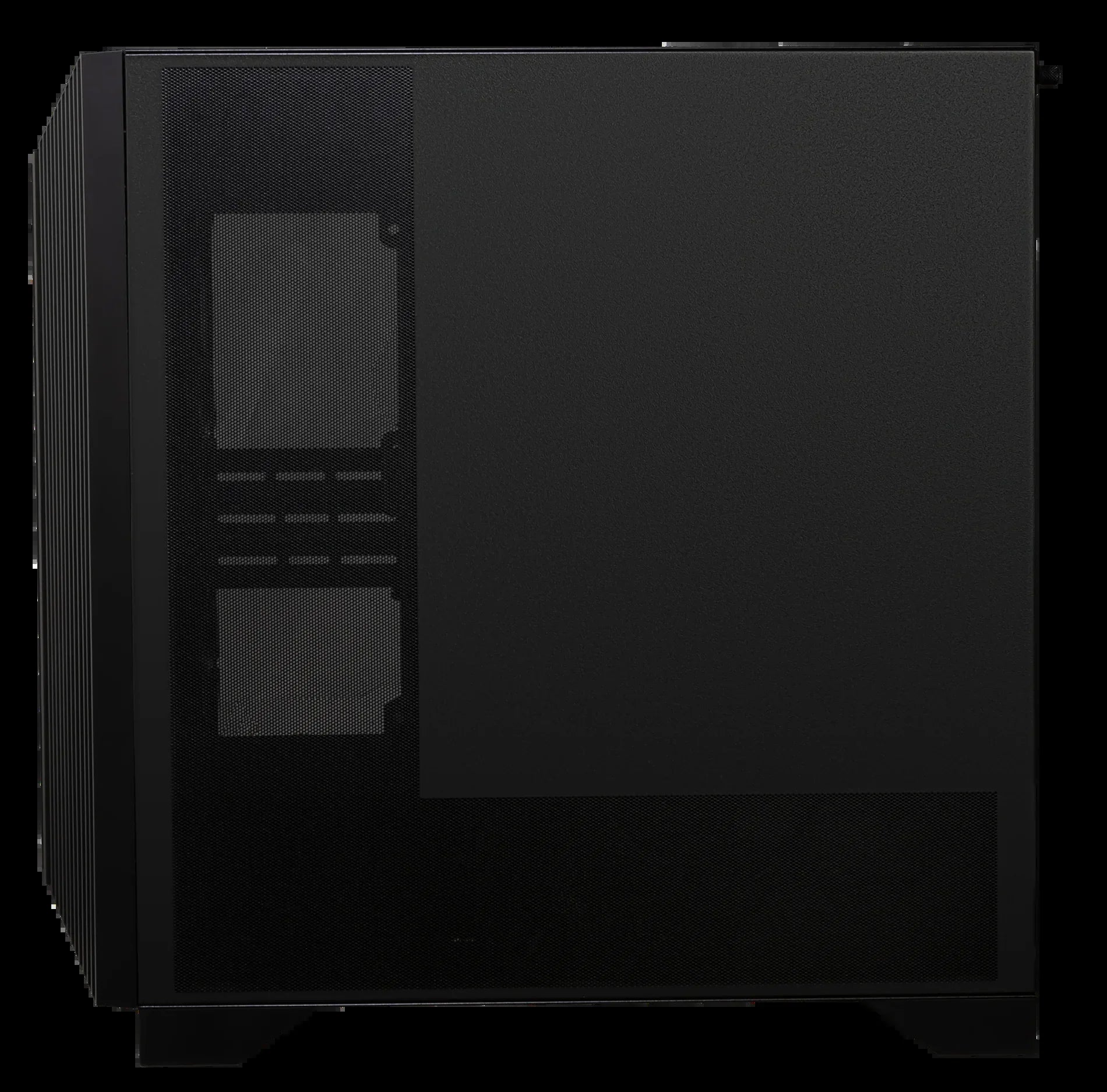 Black high airflow PC case side panel with ventilation mesh and expansion slot cutouts