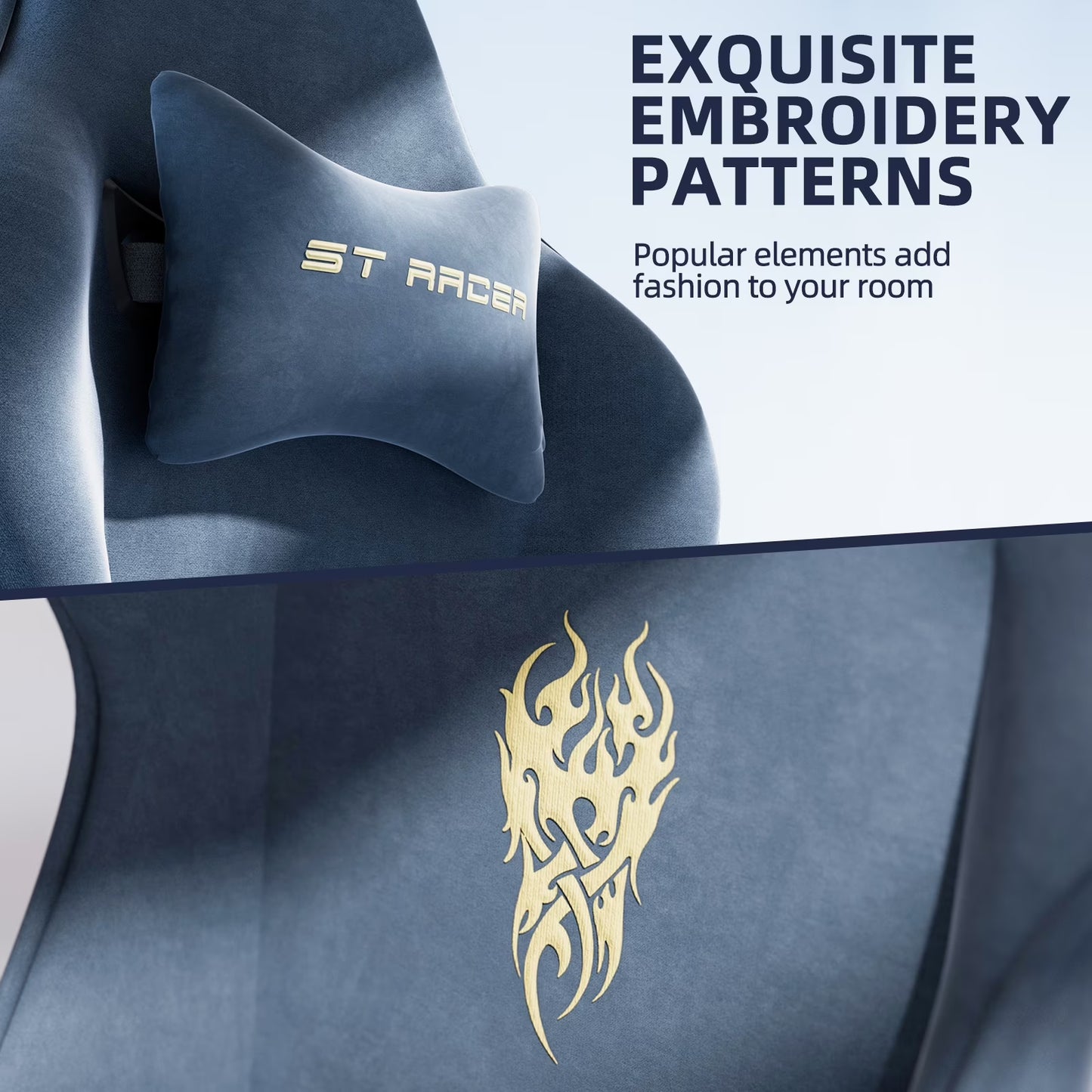 Gaming chair with gold flame embroidery and ST RACER neck pillow, stylish setup for gamers