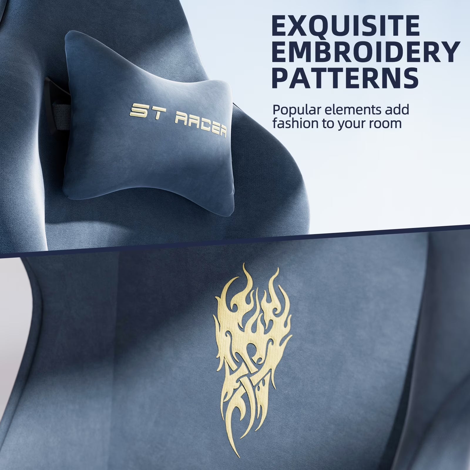Gaming chair with gold flame embroidery and ST RACER neck pillow, stylish setup for gamers