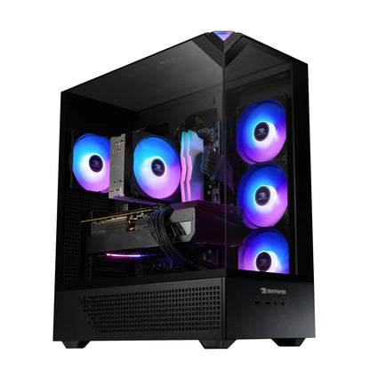 iBUYPOWER black gaming PC tower with transparent side panel and RGB cooling fans