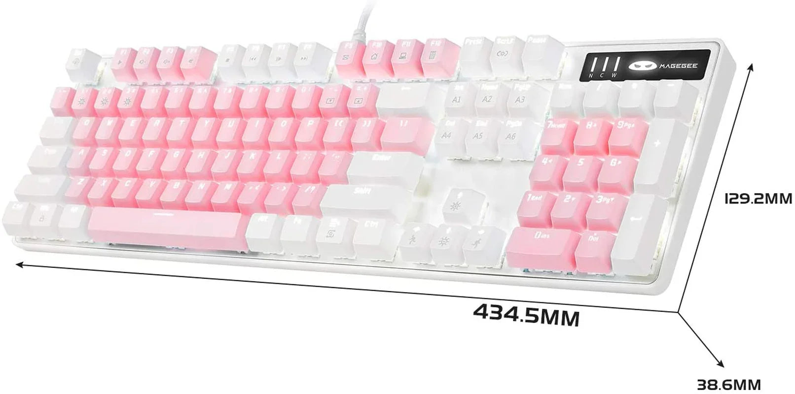 Magegee mechanical gaming keyboard with white and pink keycaps, RGB backlighting, and dimensions 434.5x129.2x38.6mm