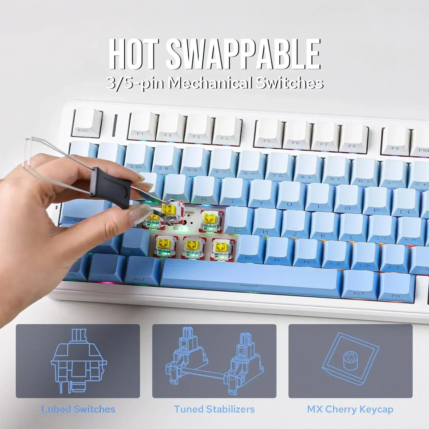 Hand swaps mechanical switch on blue and white hot-swappable gaming keyboard, Byte Style gear