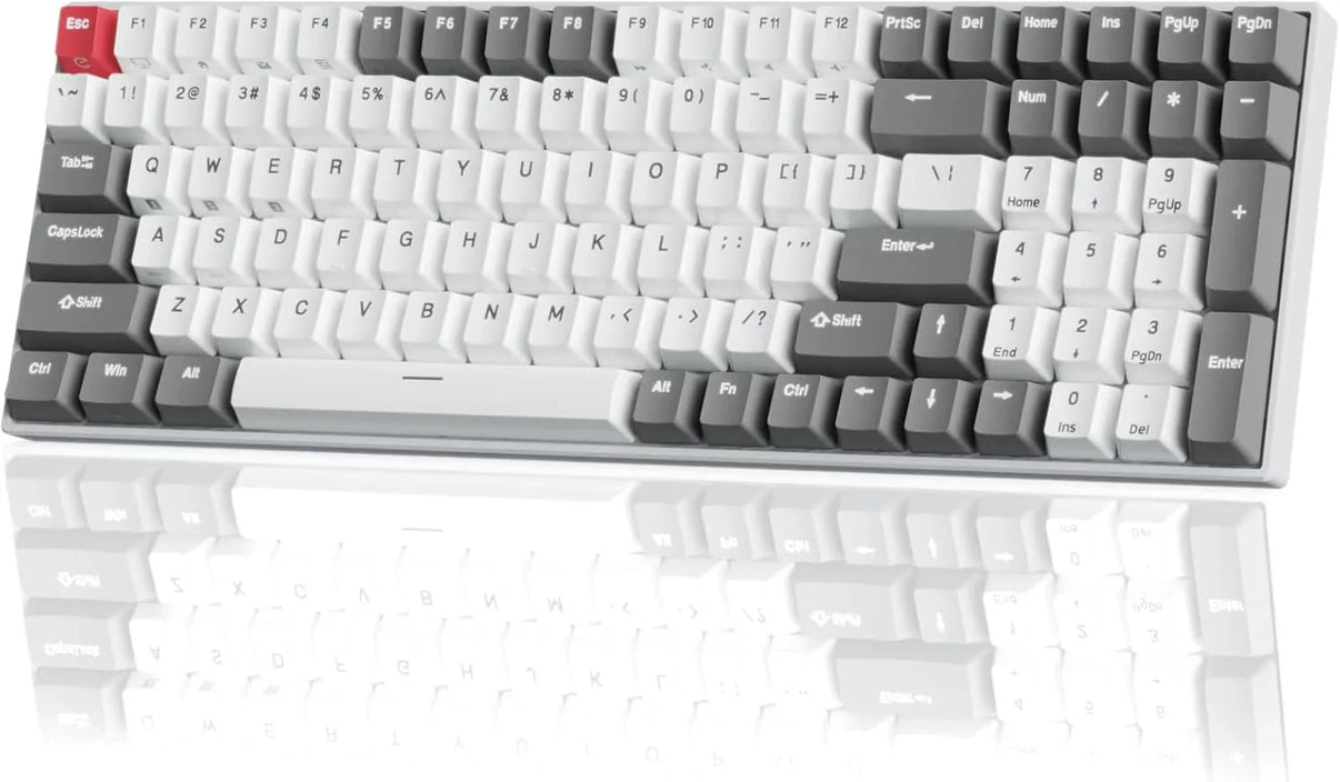 Retro gaming mechanical keyboard with white, gray, and red keycaps, featuring full layout and arrow keys