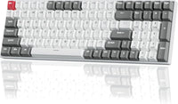 Retro gaming mechanical keyboard with white, gray, and red keycaps, featuring full layout and arrow keys