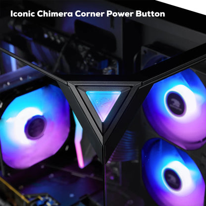 Gaming PC case with iconic Chimera corner power button and RGB cooling fans glowing purple and blue