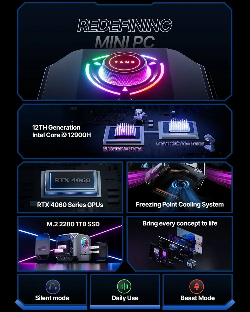 Mini gaming PC with RGB lighting, Intel Core i9, RTX 4060, 1TB SSD, and cooling system.