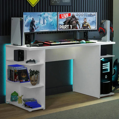 Large Modern Gaming Computer Desk 53 Inch with 5 Shelves Cable Management Student Study Wooden Table Home Office Gamer Desk for Kids and Adults - White