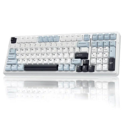 Retro 8-bit style mechanical gaming keyboard with white, blue, and black keycaps on white background